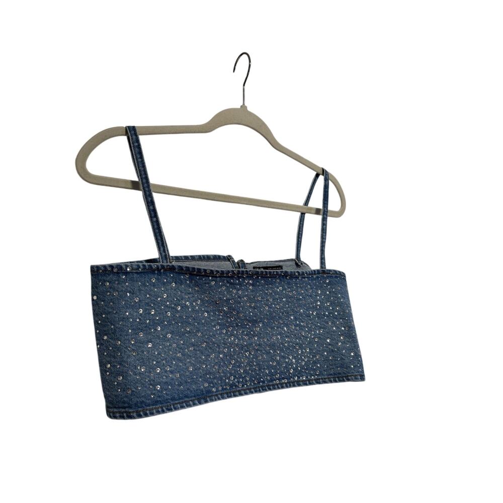 Zara Blue Denim Crystal Studded Crop Top S - Picture 3 of 8